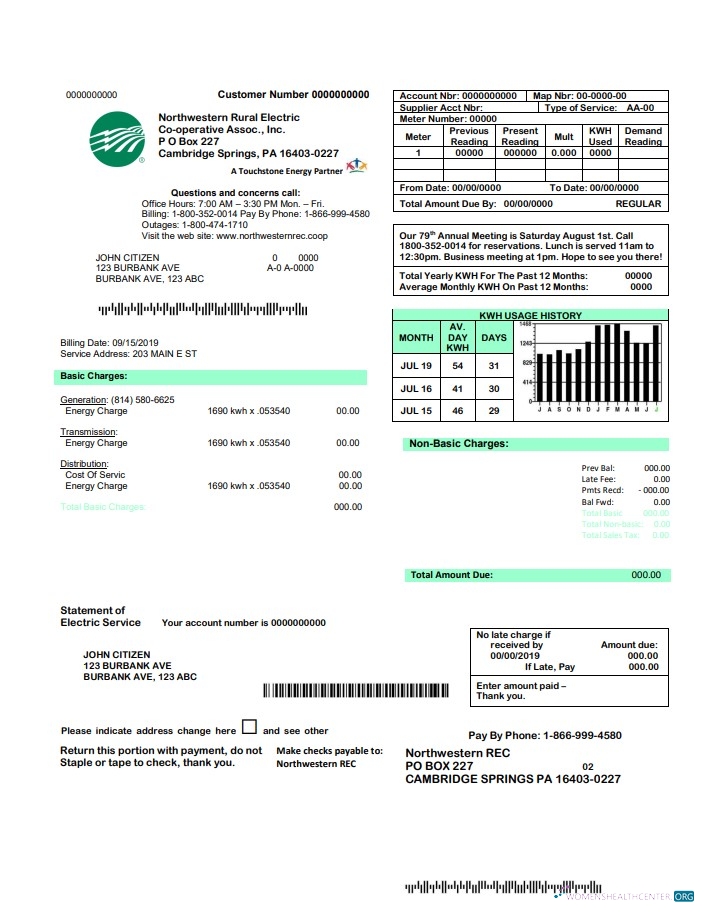 download USA Northwestern Rural Electric utility bill template, fully editable in Word and PDF format PDF template